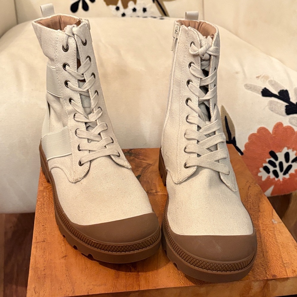 Yellow Box Beige Canvas Combat Boots with Brown Sole